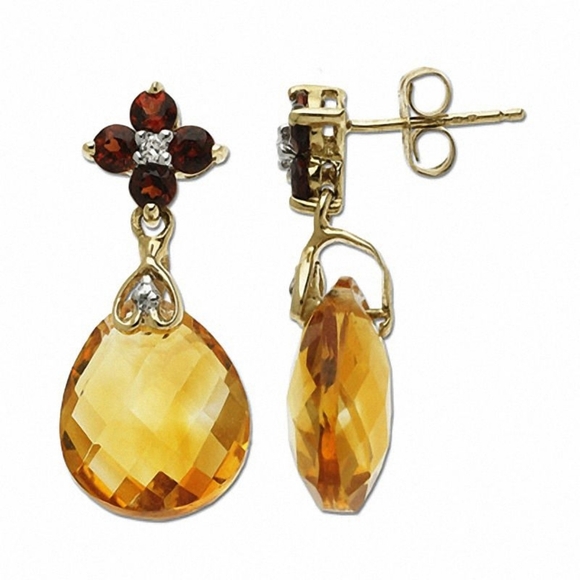 Zales Jewelry - Briolette Citrine and Garnet Drop Earrings in 10K Gold with Diamond Accents
